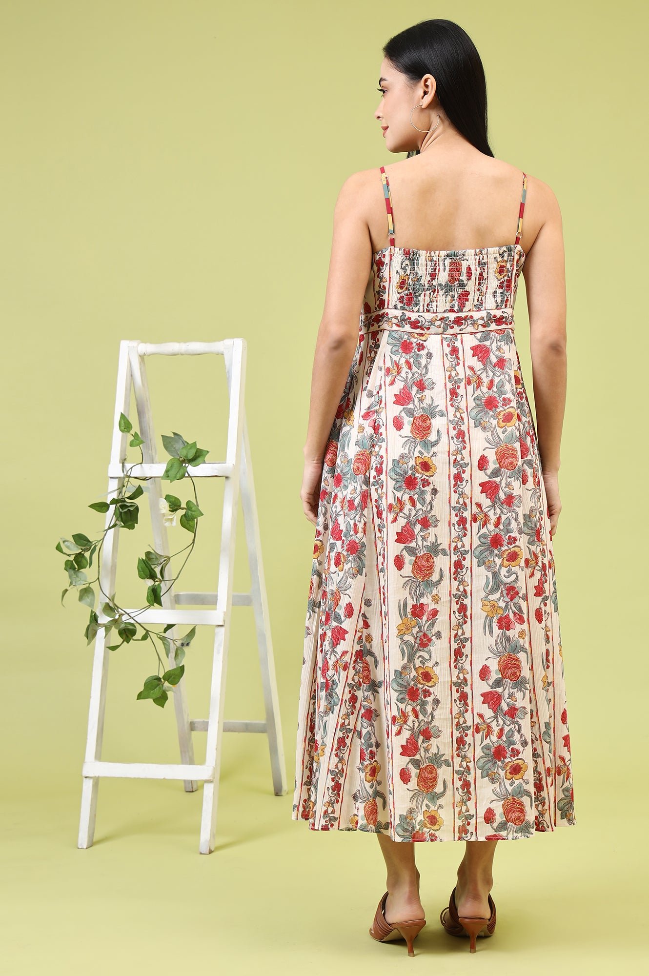 Off-White Vibrant Floral Printed Pure Cotton Flared Spaghetti Dress - Image 8